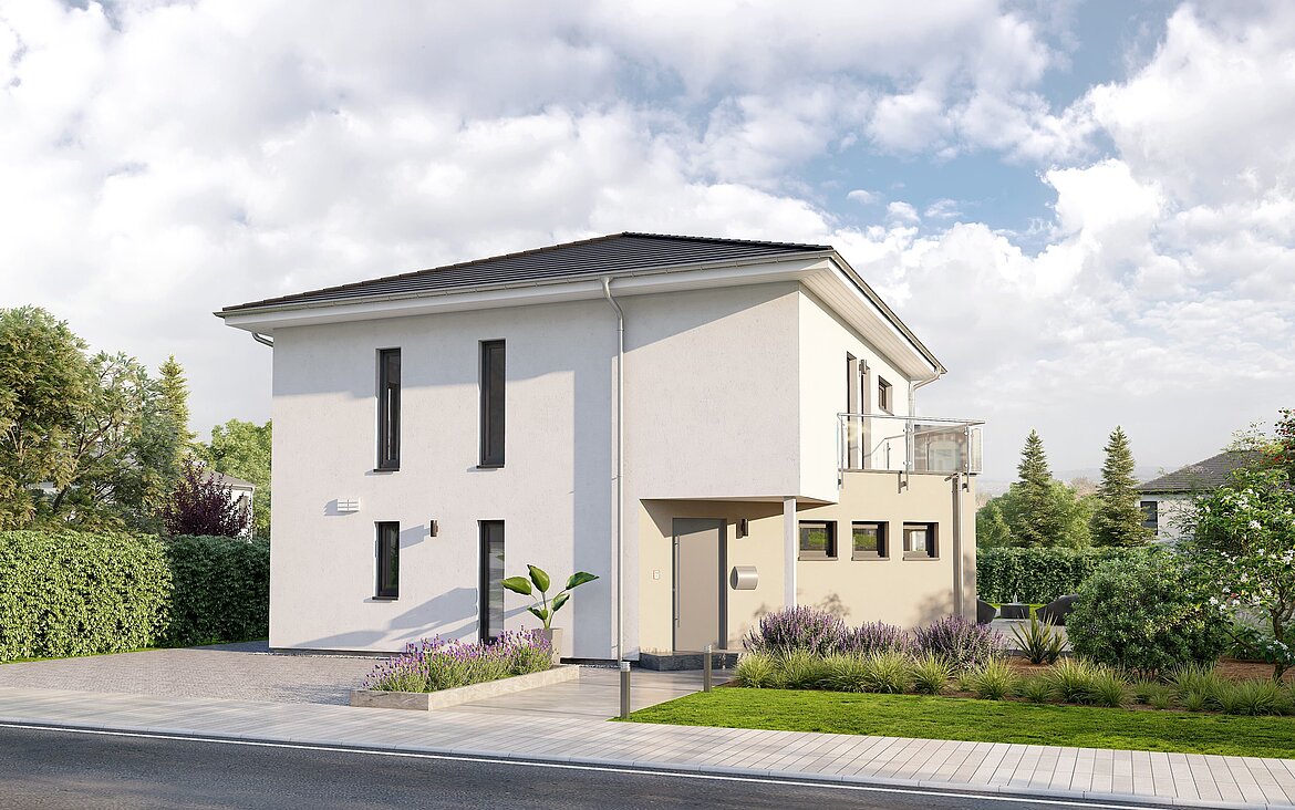 Einfamilienhaus Home 15 von allkauf 2-geschossig mit Walmdach, Ansicht Eingang am Tag