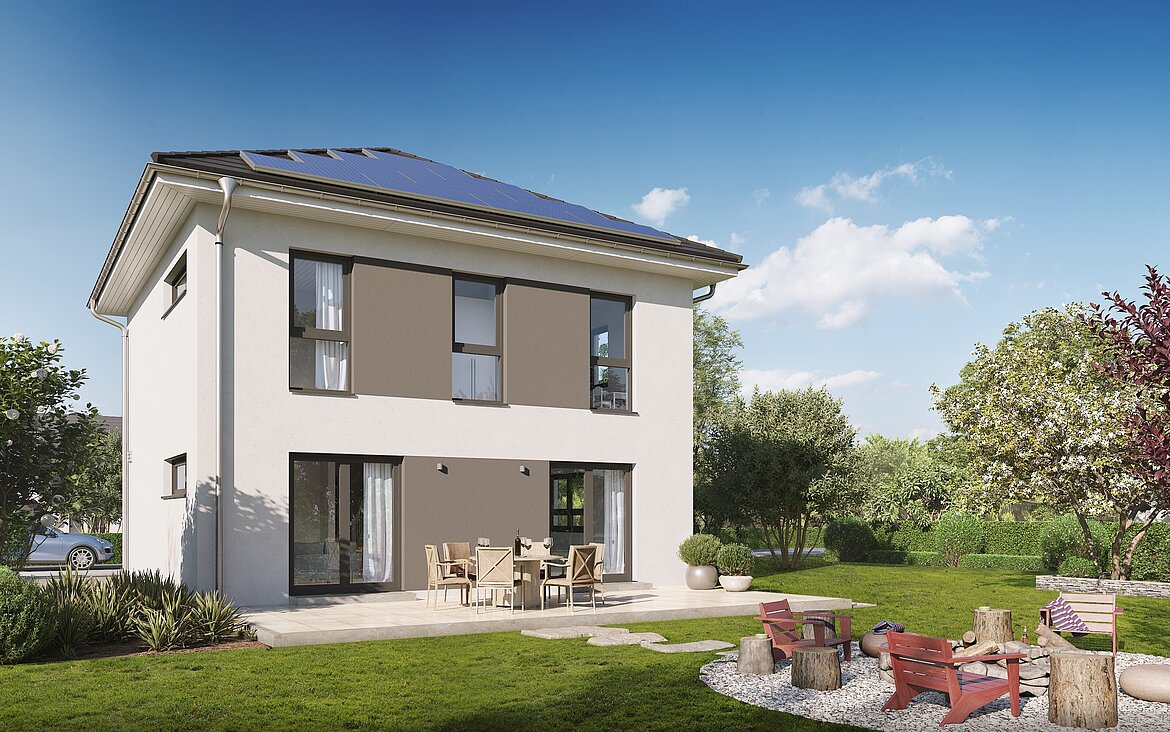 Aktionshaus Move 6 von allkauf, Ansicht Garten am Tag im Frühling.