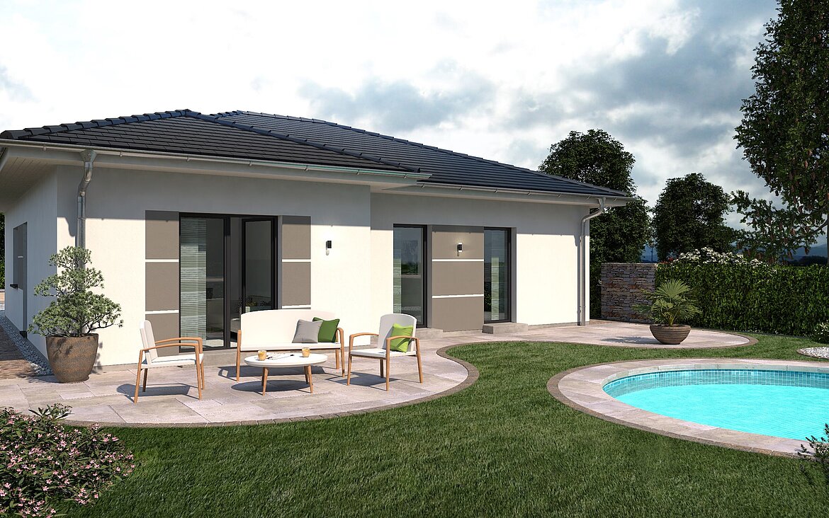 Bungalow Lifetime 4 von allkauf, Ansicht Garten am Tag mit Variante Walmdach