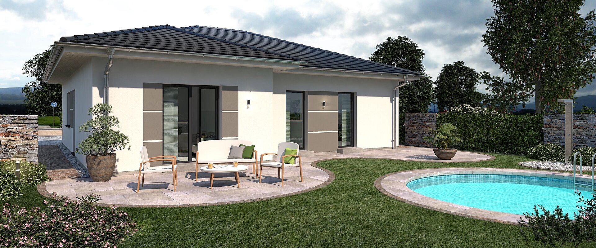 Bungalow Lifetime 4 von allkauf, Ansicht Garten am Tag mit Variante Walmdach