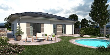 Bungalow Lifetime 4 von allkauf, Ansicht Garten am Tag mit Variante Walmdach