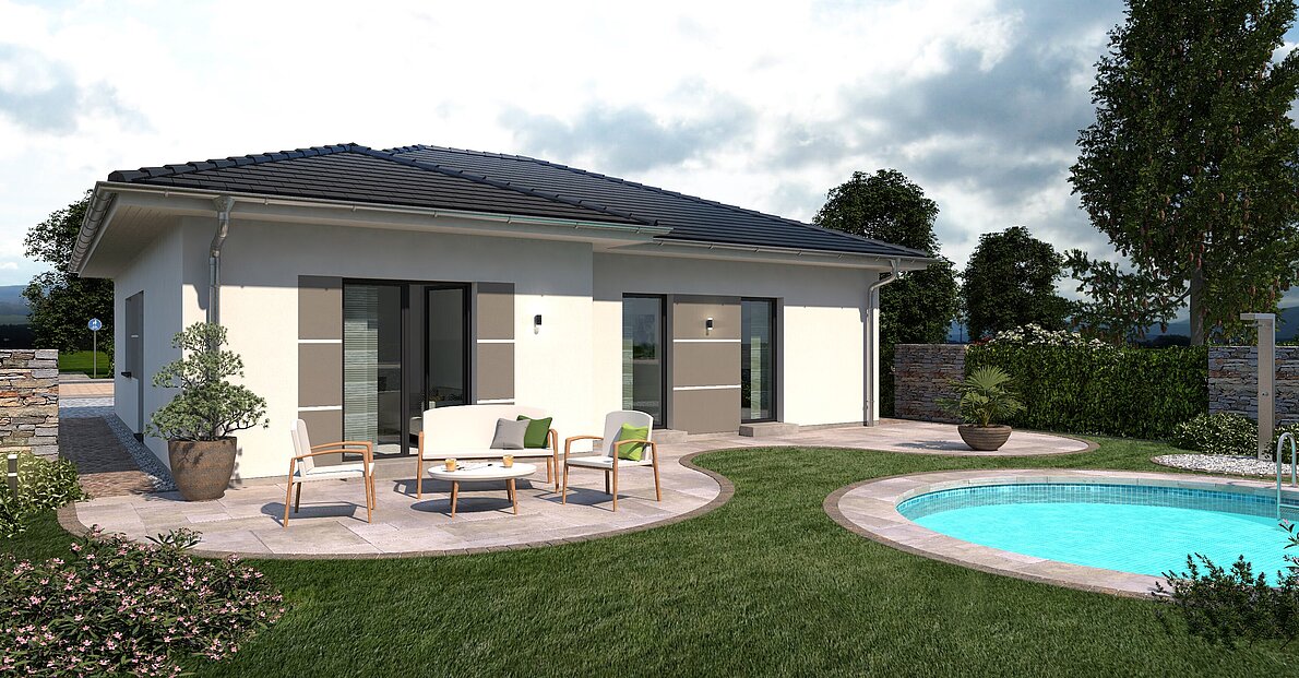 Bungalow Lifetime 4 von allkauf, Ansicht Garten am Tag mit Variante Walmdach
