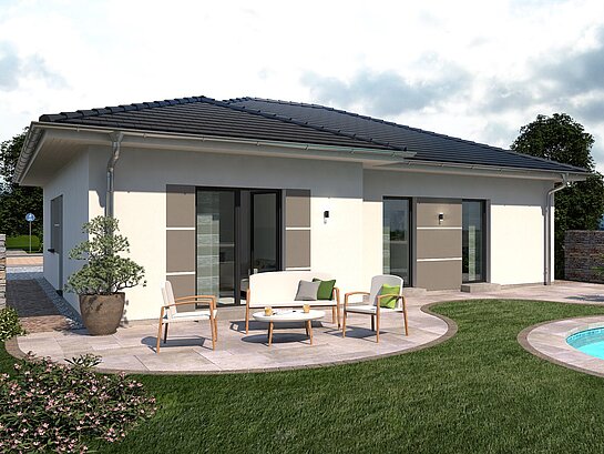 Bungalow Lifetime 4 von allkauf, Ansicht Garten am Tag mit Variante Walmdach