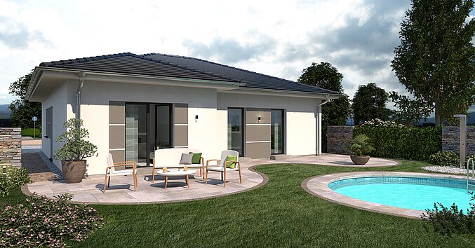 Bungalow Lifetime 4 von allkauf, Ansicht Garten am Tag mit Variante Walmdach