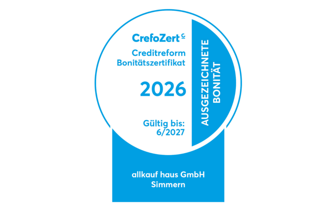 CrefoZert Bonitätszertifikat 2026 für allkauf haus mit ausgezeichneter Bonität, gültig bis Juni 2027.