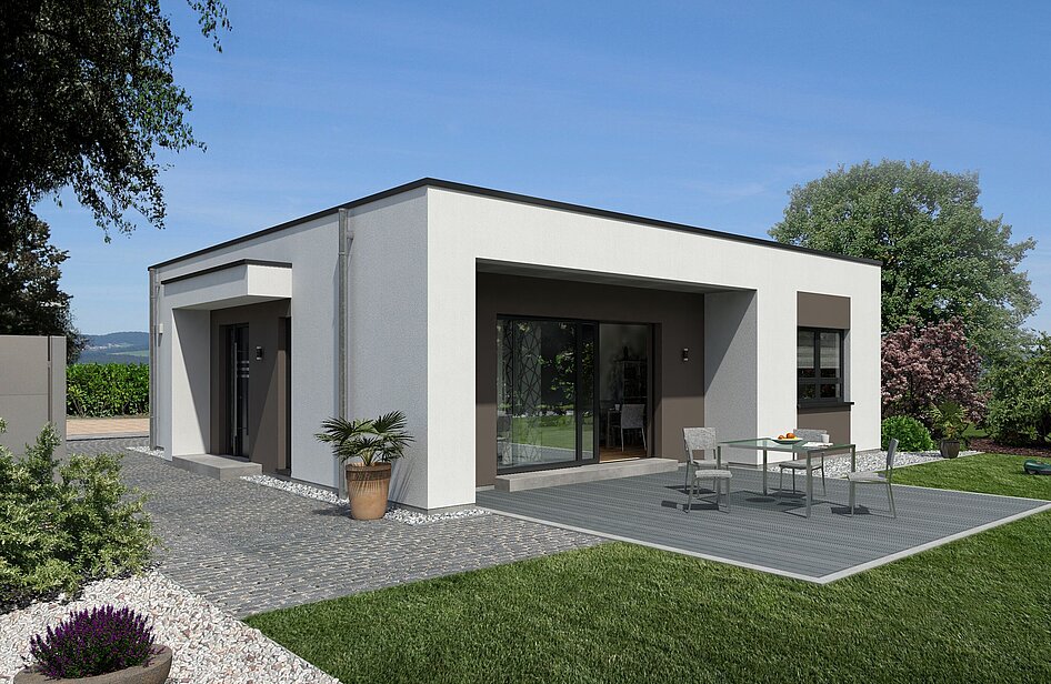 Bungalow Lifetime 2 von allkauf, Ansicht Garten am Tag mit Variante Flachdach