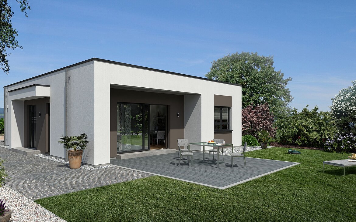 Bungalow Lifetime 2 von allkauf, Ansicht Garten am Tag mit Variante Flachdach
