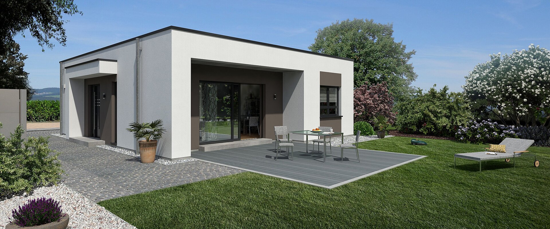 Bungalow Lifetime 2 von allkauf, Ansicht Garten am Tag mit Variante Flachdach