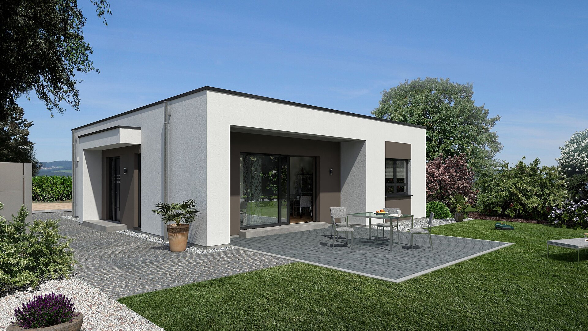 Bungalow Lifetime 2 von allkauf, Ansicht Garten am Tag mit Variante Flachdach
