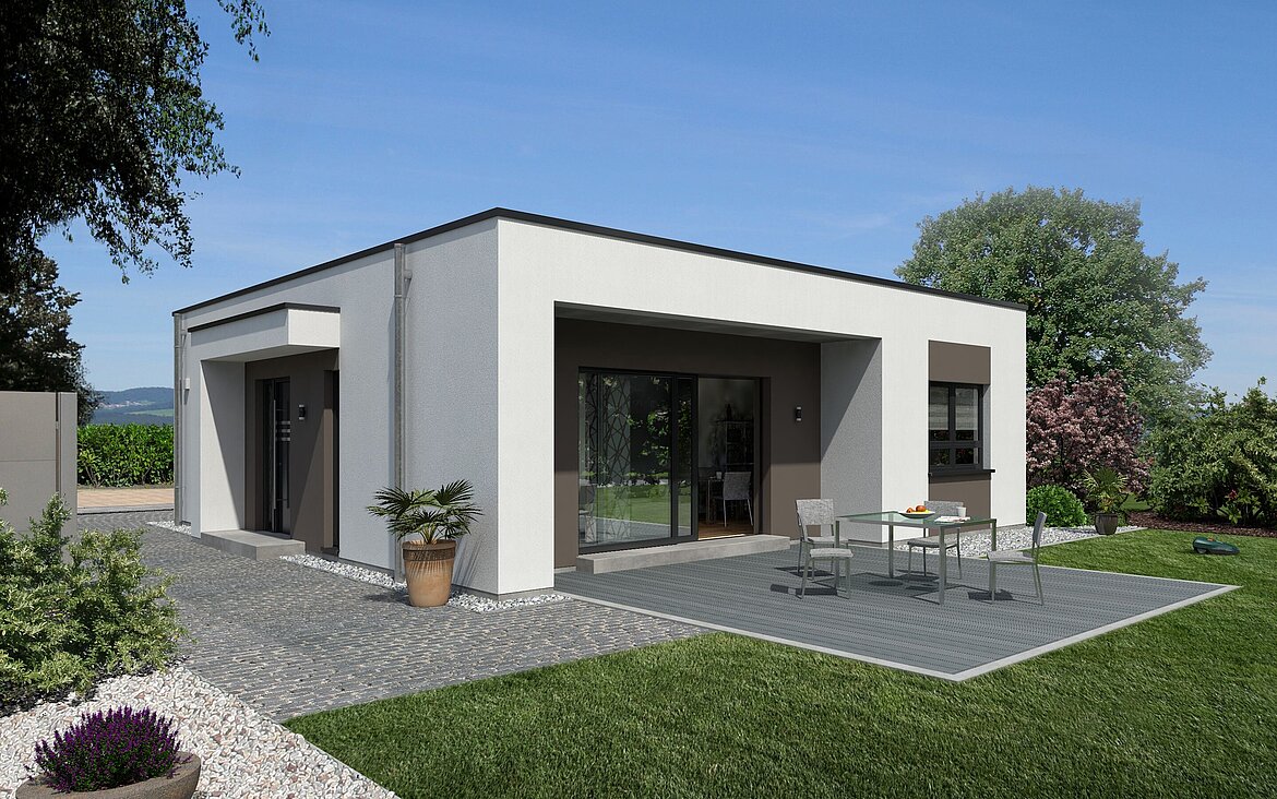 Bungalow Lifetime 2 von allkauf, Ansicht Garten am Tag mit Variante Flachdach