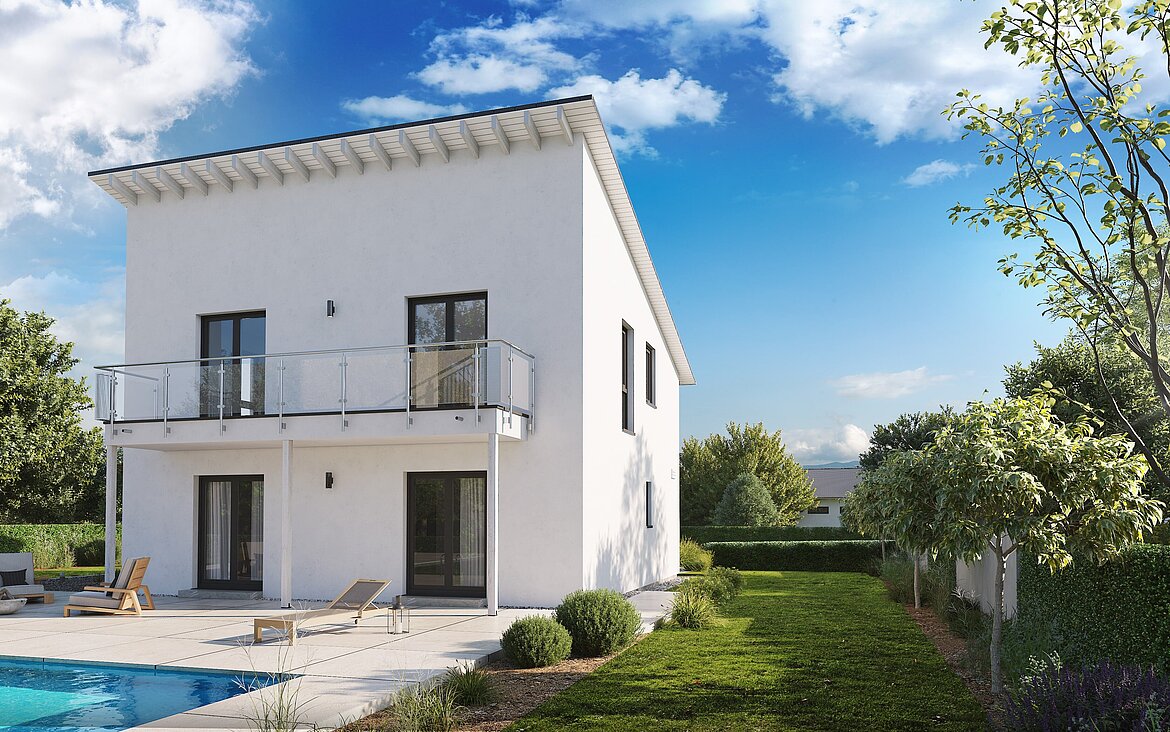 Einfamilienhaus Home 8 von allkauf mit Pultdach, Ansicht Garten am Tag