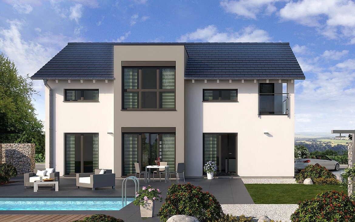 Einfamilienhaus Prestige 2 von allkauf, Ansicht Garten im Sommer