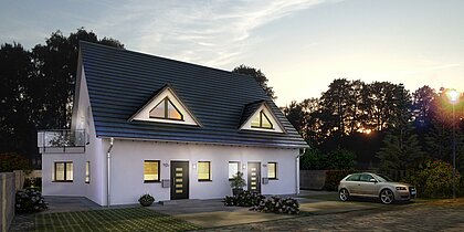 Mehrfamilienhaus Double 3 von allkauf, Vorderansicht am Abend