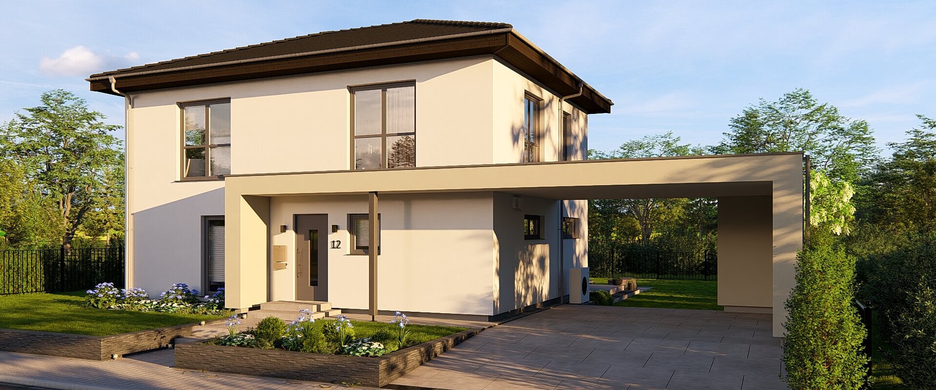 Einfamilienhaus Chance 2 von allkauf, Ansicht Eingang bei Sonnenuntergang