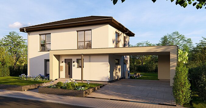 Einfamilienhaus Chance 2 von allkauf, Ansicht Eingang bei Sonnenuntergang