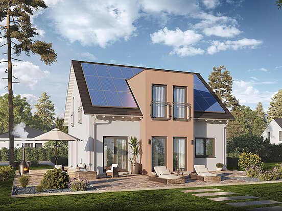 Einfamilienhaus Home 10 mit Satteldach von allkauf, Ansicht Garten am Tag mit Solaranlage