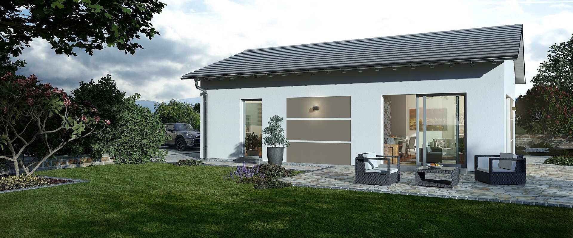 Bungalow Lifetime 6 mit Satteldach von allkauf, Ansicht Garten am Nachmittag