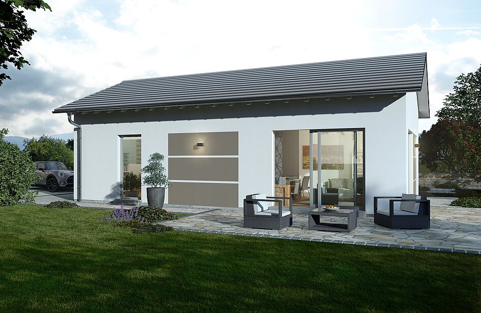 Bungalow Lifetime 6 mit Satteldach von allkauf, Ansicht Garten am Nachmittag