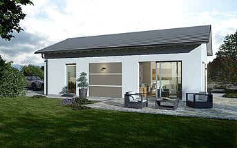 Bungalow Lifetime 6 mit Satteldach von allkauf, Ansicht Garten am Nachmittag