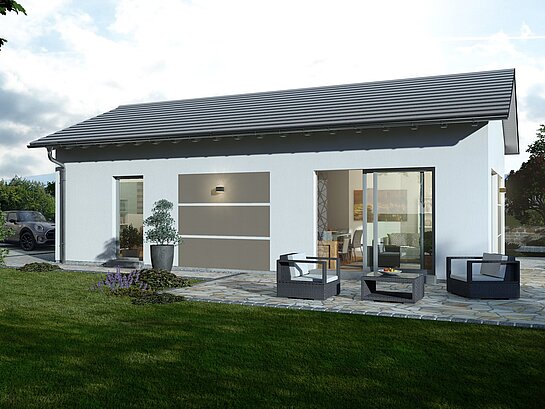 Bungalow Lifetime 6 mit Satteldach von allkauf, Ansicht Garten am Nachmittag