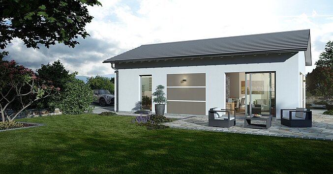 Bungalow Lifetime 6 mit Satteldach von allkauf, Ansicht Garten am Nachmittag