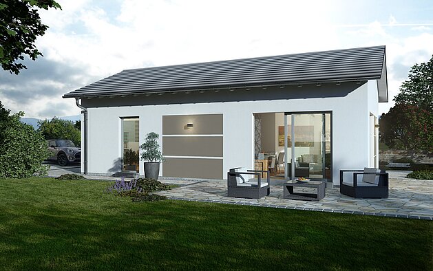 Bungalow Lifetime 6 mit Satteldach von allkauf, Ansicht Garten am Nachmittag