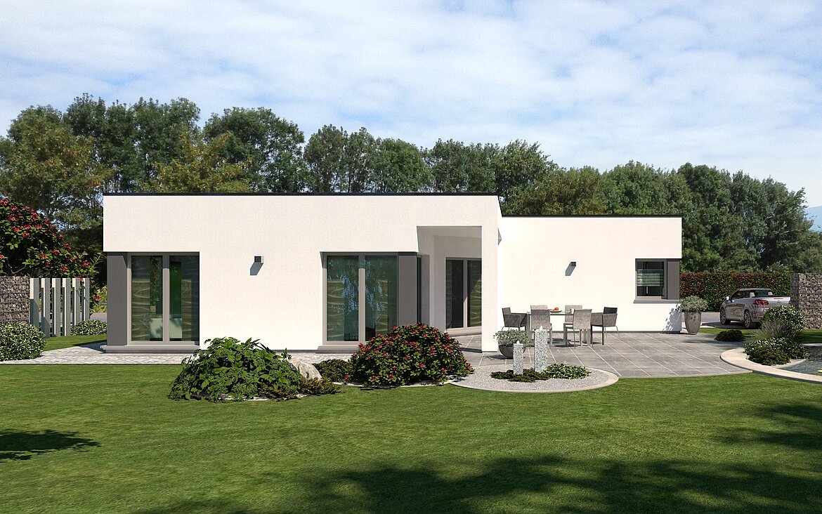 Rendering Flachdach-Bungalow Lifetime 5 von allkauf mit knapp 150 m², Ansicht Garten am Tag mit Variante Flachdach