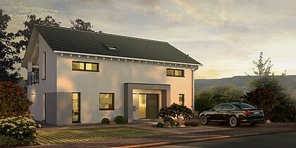 Einfamilienhaus Prestige 2 von allkauf, Ansicht Eingang bei Sonnenuntergang