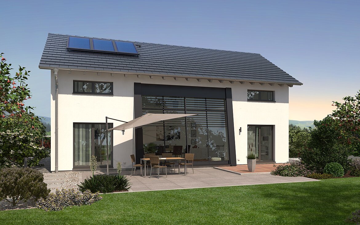 Einfamilienhaus Trendline S6 von allkauf, Ansicht Garten am Tag mit Solaranlage
