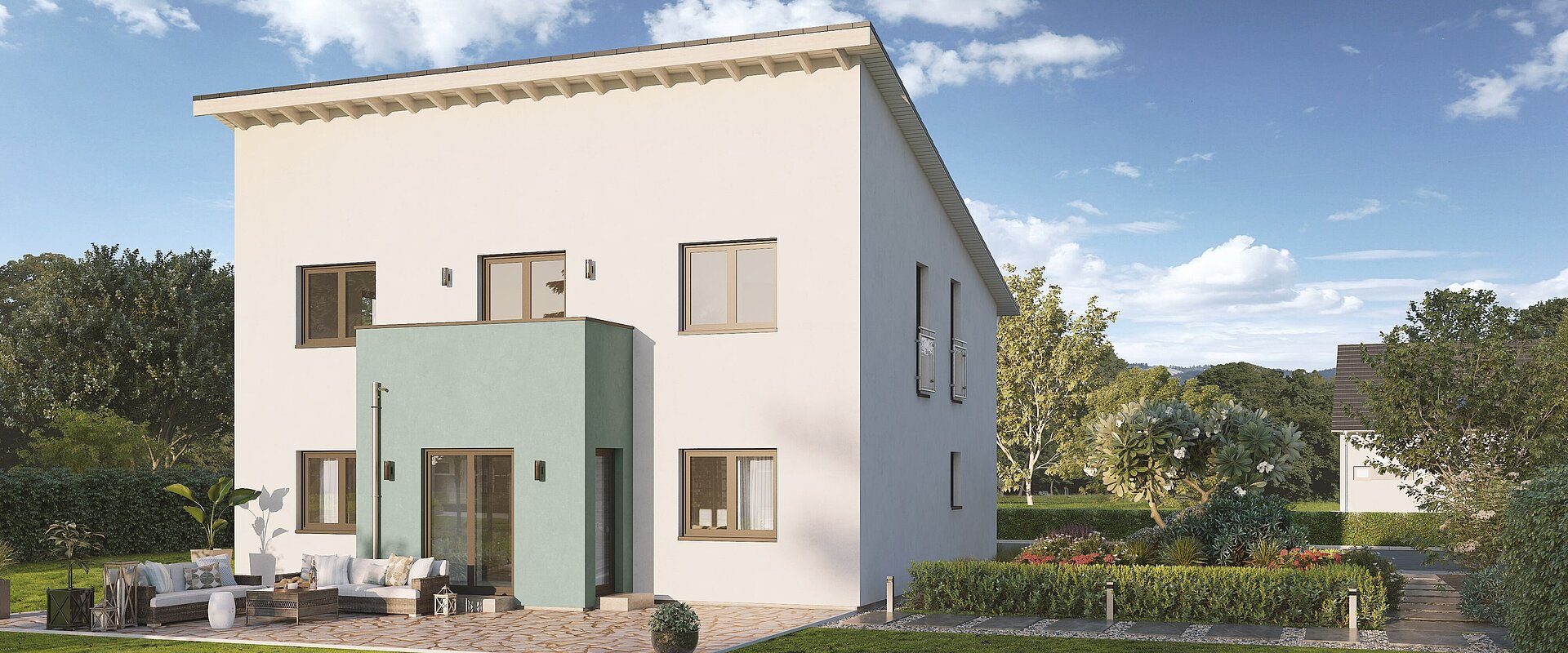 Einfamilienhaus Home 13 mit Pultdach von allkauf, Ansicht Garten am Tag