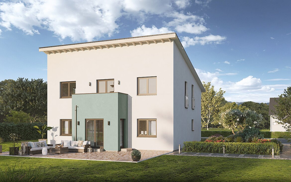 Einfamilienhaus Home 13 mit Pultdach von allkauf, Ansicht Garten am Tag