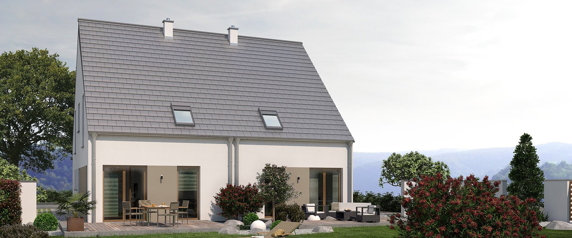 Mehrfamilienhaus Double 2 von allkauf, Ansicht Garten am Tag