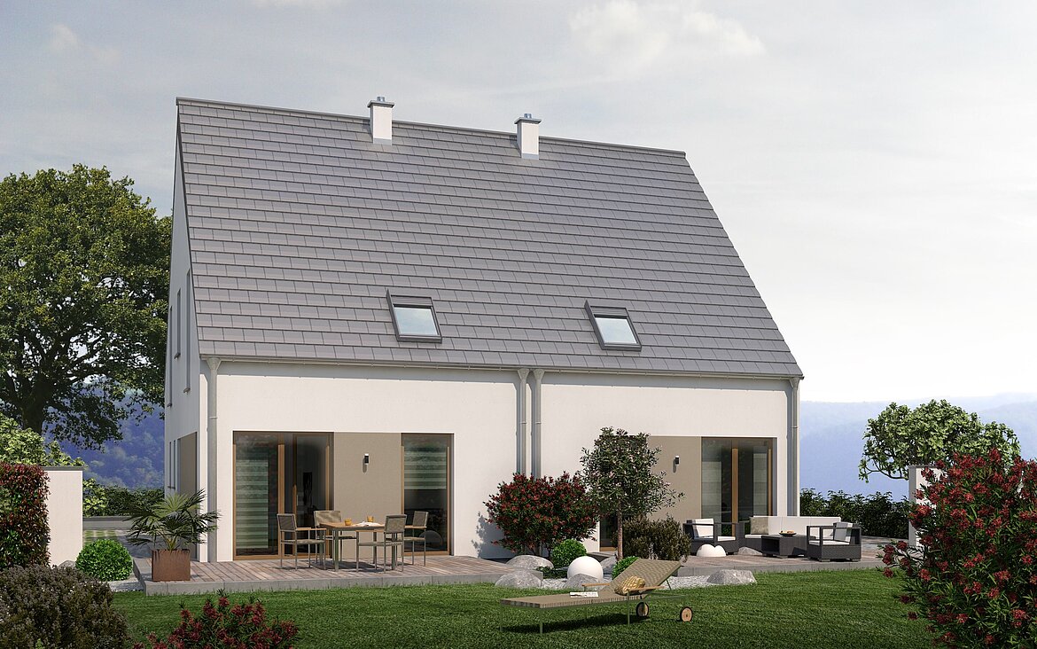 Mehrfamilienhaus Double 2 von allkauf, Ansicht Garten am Tag