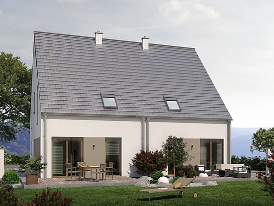 Mehrfamilienhaus Double 2 von allkauf, Ansicht Garten am Tag