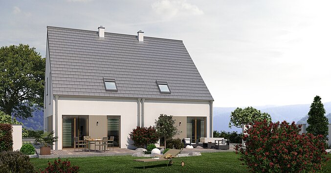 Mehrfamilienhaus Double 2 von allkauf, Ansicht Garten am Tag