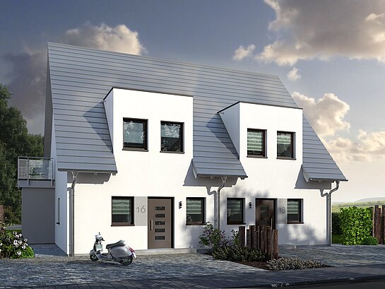 Mehrfamilienhaus Double 1 von allkauf, Vorderansicht am Tag