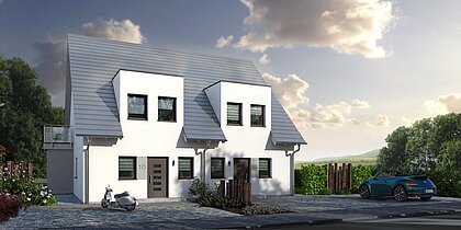 Mehrfamilienhaus Double 1 von allkauf, Vorderansicht am Tag