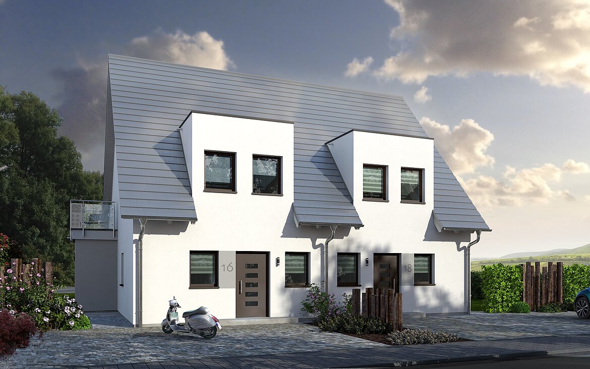 Mehrfamilienhaus Double 1 von allkauf, Vorderansicht am Tag
