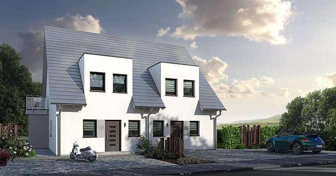 Mehrfamilienhaus Double 1 von allkauf, Vorderansicht am Tag