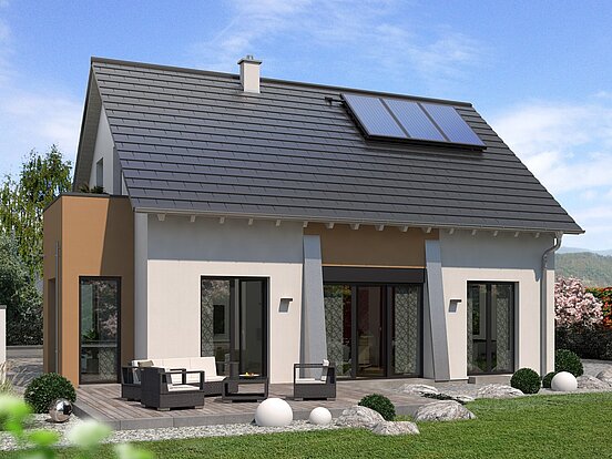 Einfamilienhaus Home 8 von allkauf, Ansicht Garten am Tag mit Solaranlage