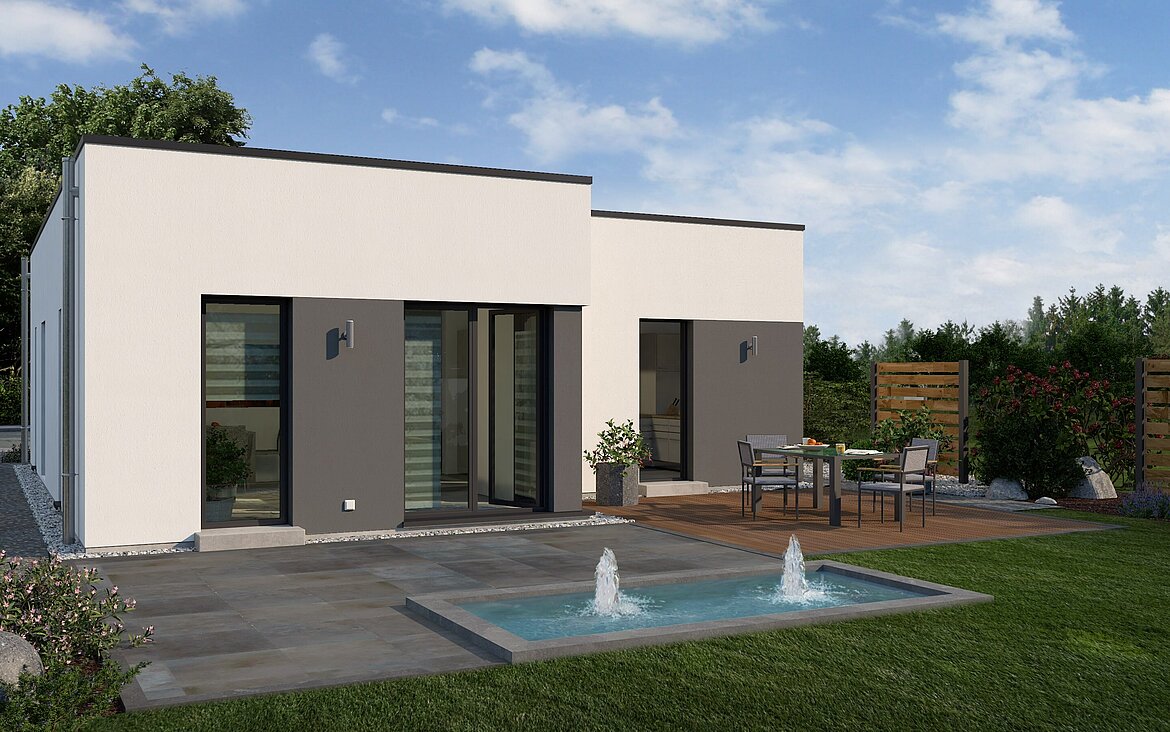 Bungalow Lifetime 1 von allkauf, Ansicht Garten am Tag mit Variante Flachdach