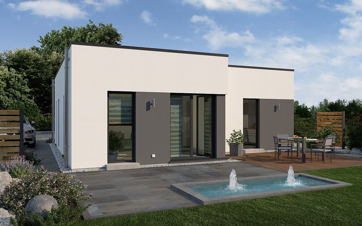 Bungalow Lifetime 1 von allkauf, Ansicht Garten am Tag mit Variante Flachdach
