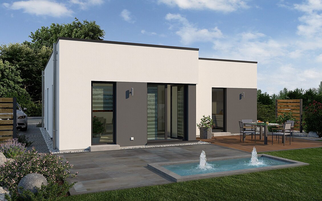 Bungalow Lifetime 1 von allkauf, Ansicht Garten am Tag mit Variante Flachdach