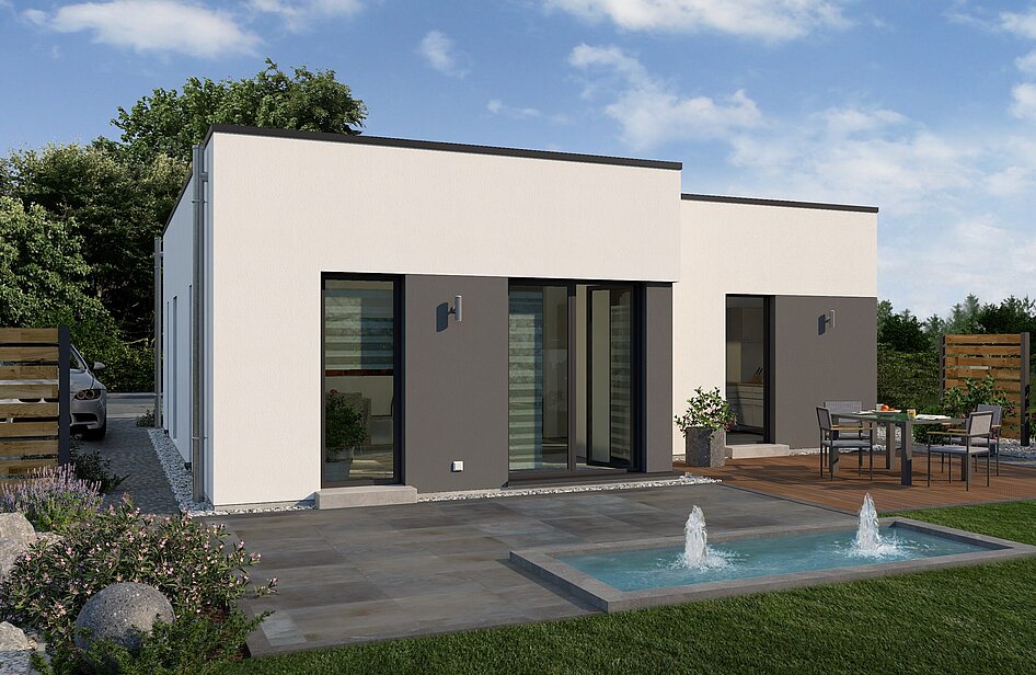 Bungalow Lifetime 1 von allkauf, Ansicht Garten am Tag mit Variante Flachdach