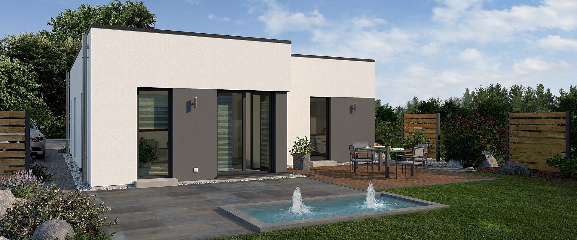 Bungalow Lifetime 1 von allkauf, Ansicht Garten am Tag mit Variante Flachdach