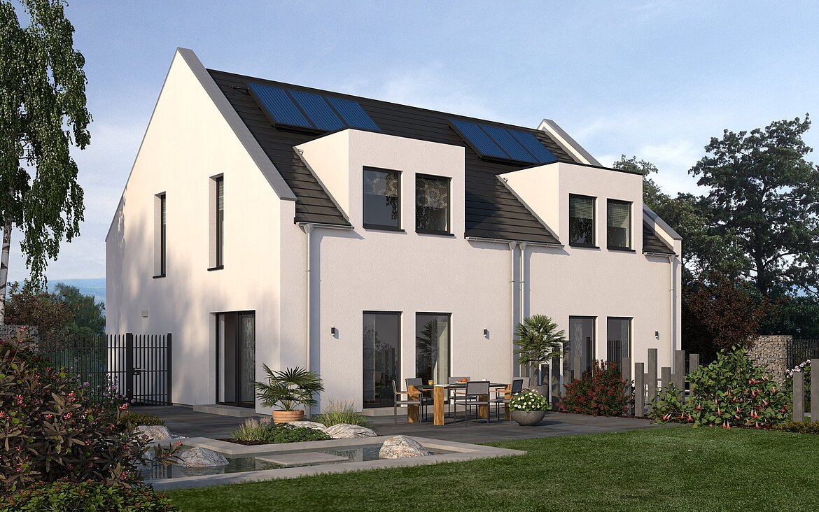 Mehrfamilienhaus Double 7 von allkauf, Ansicht Garten am Tag