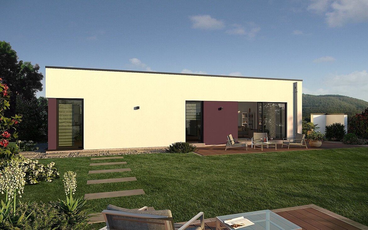 Bungalow Lifetime 3 von allkauf, Ansicht Garten am Tag mit Variante Flachdach