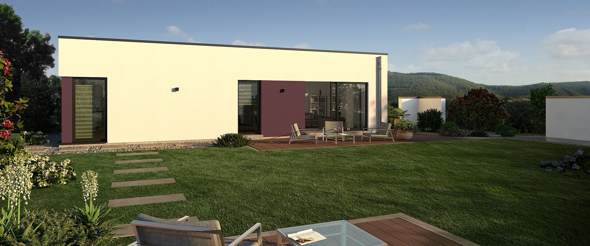 Bungalow Lifetime 3 von allkauf, Ansicht Garten am Tag mit Variante Flachdach