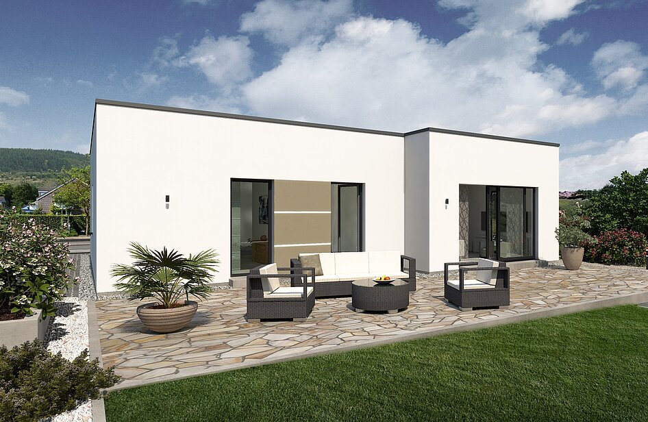 Bungalow Lifetime 4 von allkauf, Ansicht Garten am Tag mit Variante Flachdach