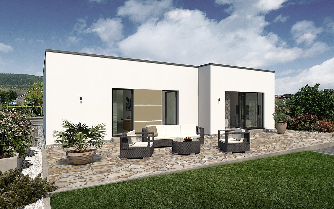 Bungalow Lifetime 4 von allkauf, Ansicht Garten am Tag mit Variante Flachdach